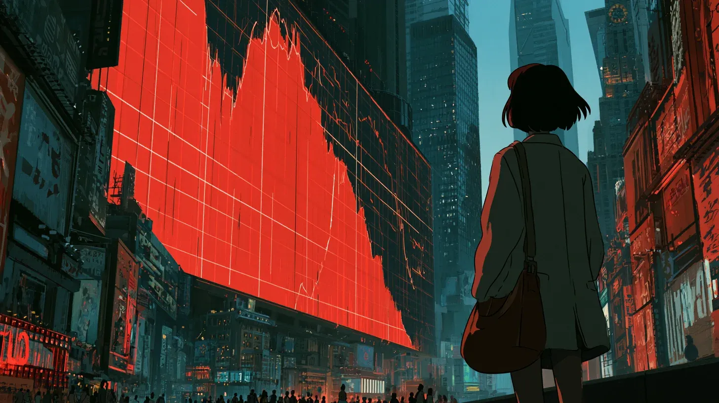 Illustration of a young woman standing in a city street looking up at a giant red stock-style chart crashing downward across a building facade