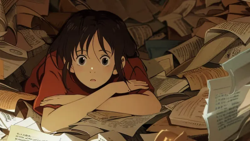 Illustration of a woman surrounded by books, representing learning and productivity
