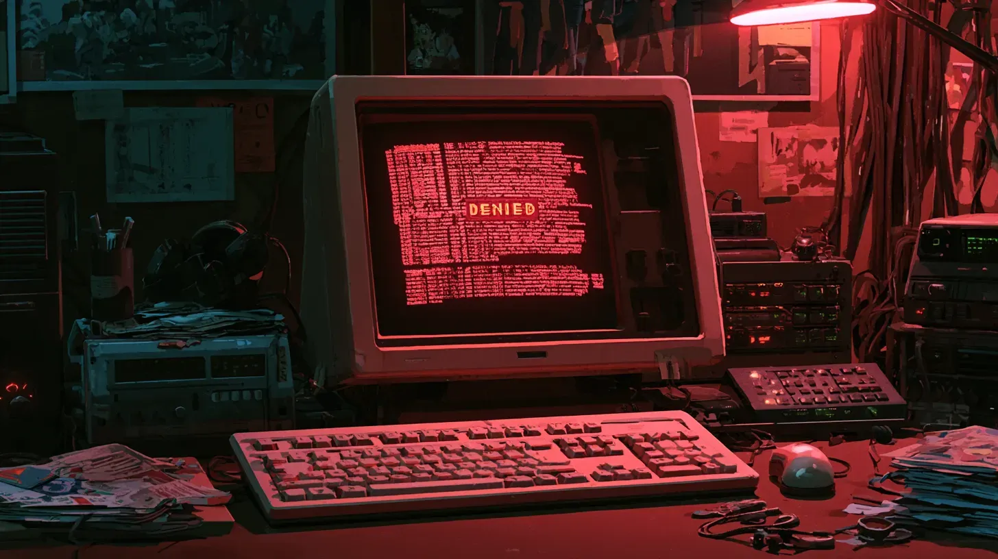 A vintage CRT monitor glowing red on a cluttered desk, displaying scrolling text with the word DENIED highlighted in yellow