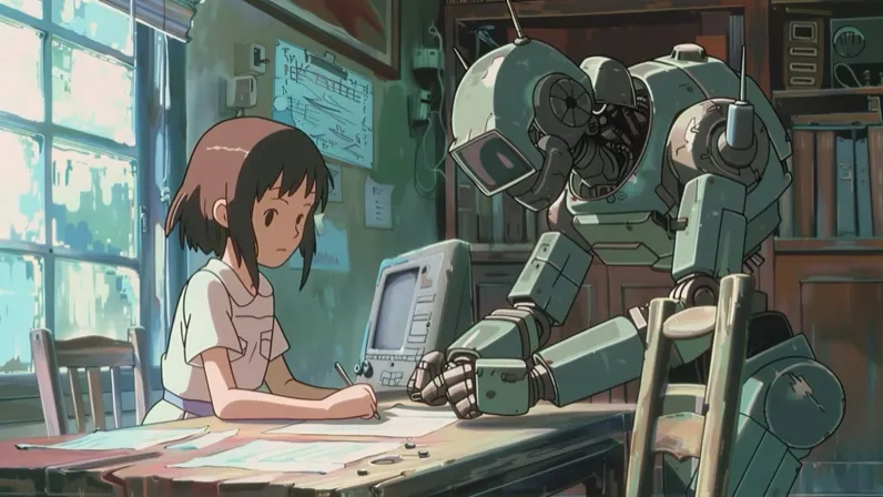 Illustrated designer working at a desk beside a friendly robot, representing a human and AI product design workflow
