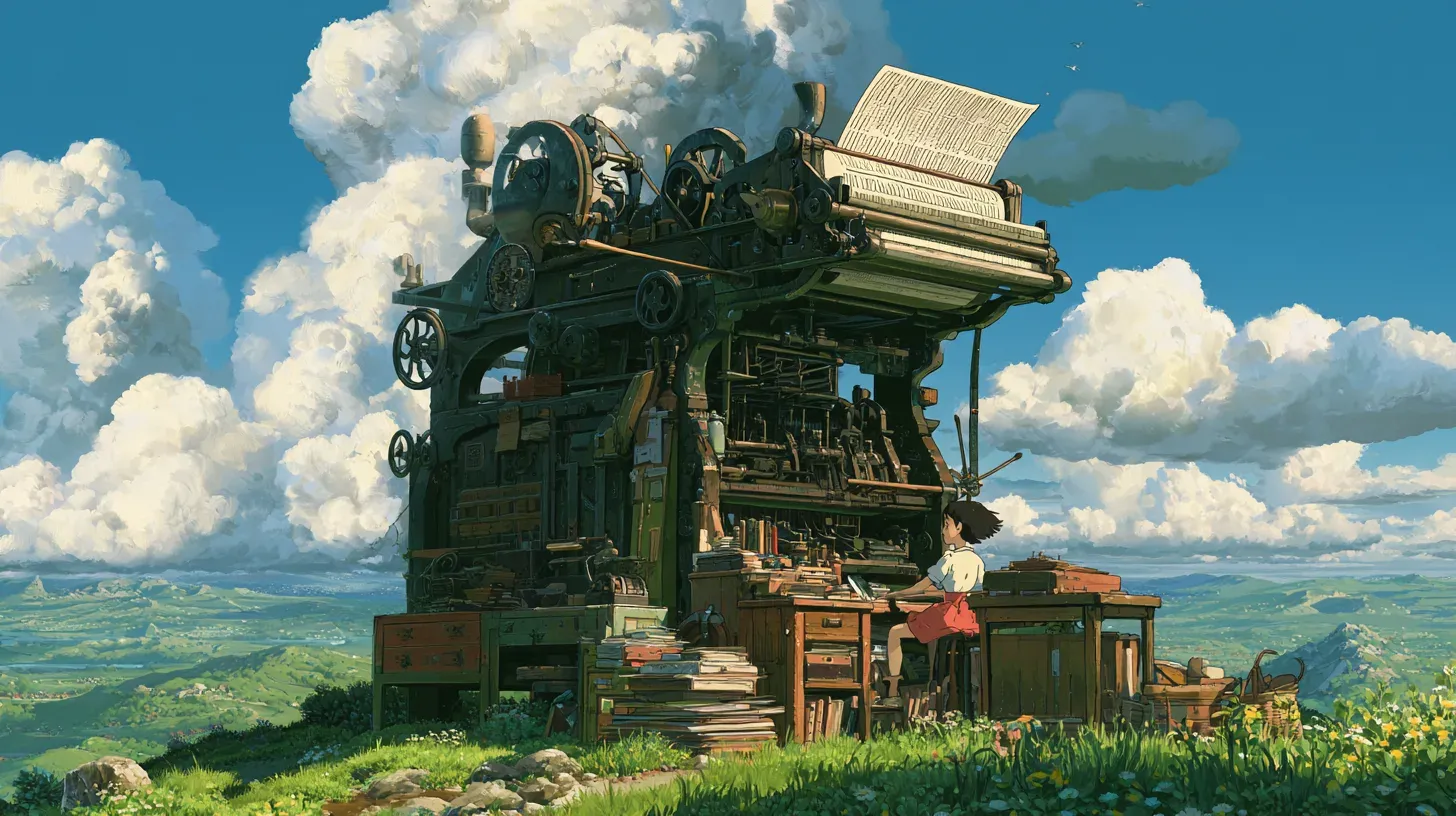 Illustration of a young woman operating a giant, ornate printing-press machine on a hilltop, papers and books stacked around her workstation