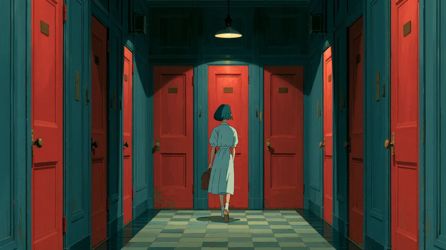 Illustration of a candidate with a briefcase walking down a long hallway lined with red interview room doors