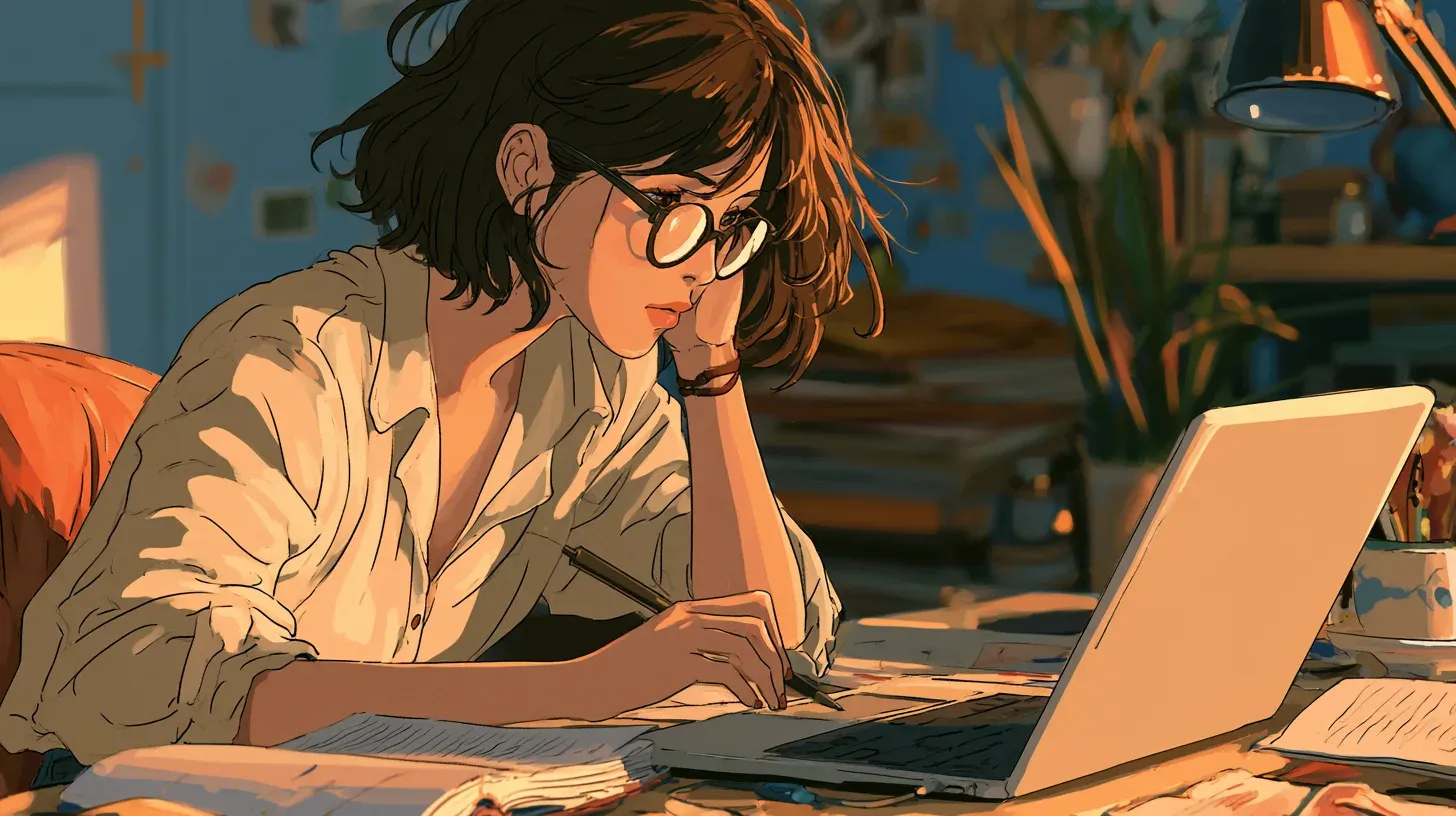 Illustrated designer at a laptop typing a prompt while a simple app interface builds itself on screen, with Figma frames visible in the background