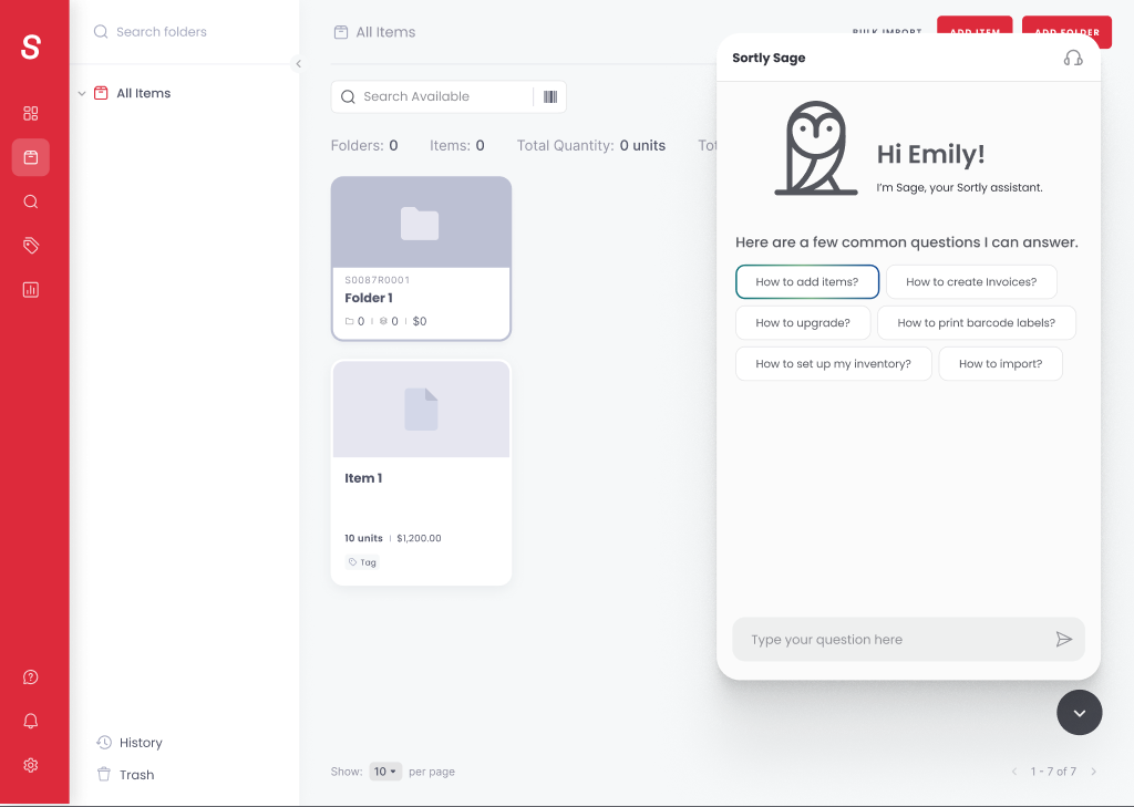 Inventory management interface showing folders and items with a chatbot assistant named Sage offering common question options.