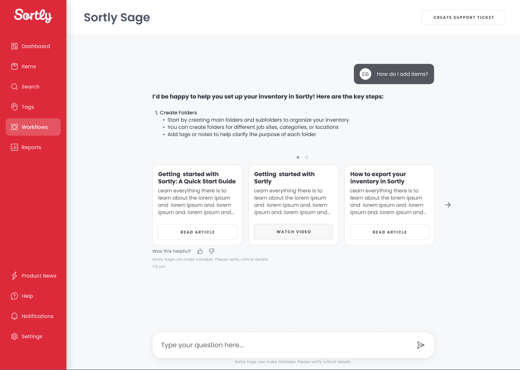 Sortly Sage app interface showing workflow setup instructions, with menu on left and cards for guides on organizing inventory.