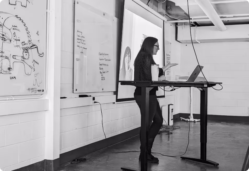 Emily Backes speaking as a guest lecturer to an advanced UX class at the University of Colorado