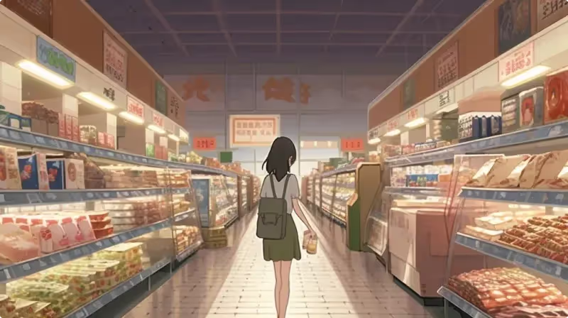 Illustration of an AI-monitored, cashierless grocery checkout station
