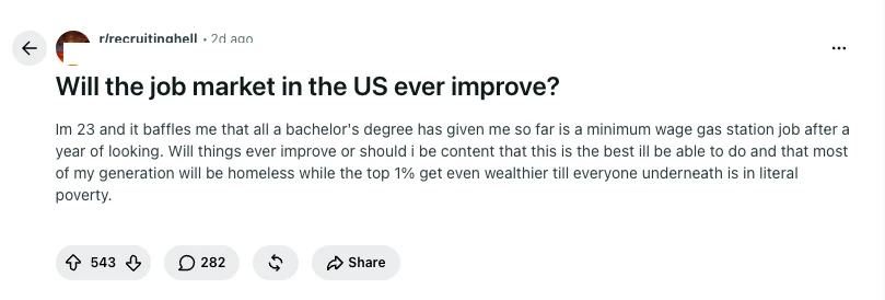 Reddit post from r/recruitinghell titled "Will the job market in the US ever improve?" where a 23-year-old with a bachelor's degree describes a year of searching that's landed them a minimum-wage gas station job, asking whether things improve or whether most of their generation ends up worse off while wealth concentrates further at the top