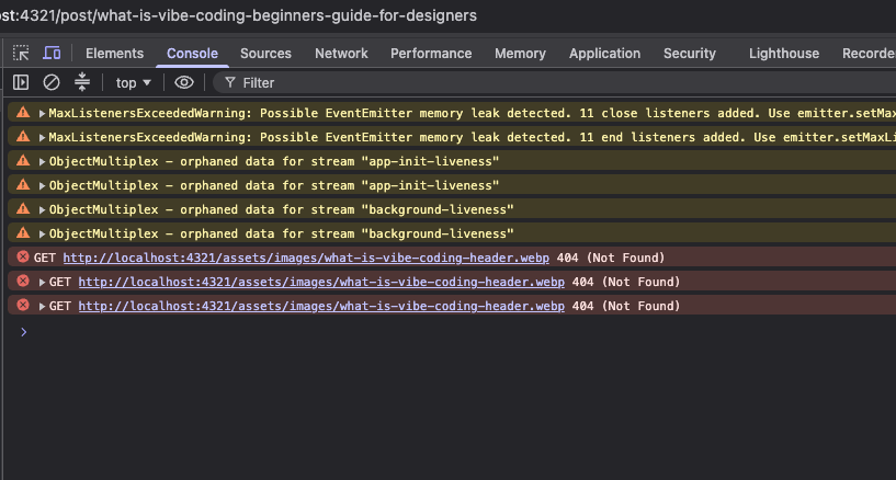 Browser console showing MaxListenersExceededWarning and ObjectMultiplex noise alongside a real 404 error